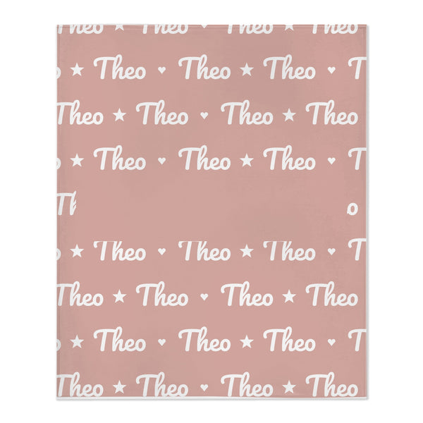 Personalize the Name Pattern toddler minky blanket in blush with your baby's name
