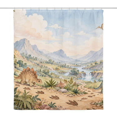 Footprint Valley Dinosaur shower curtain, full front view of the 71 x 74 in fabric curtain