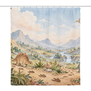 Footprint Valley Dinosaur shower curtain, full front view of the 71 x 74 in fabric curtain
