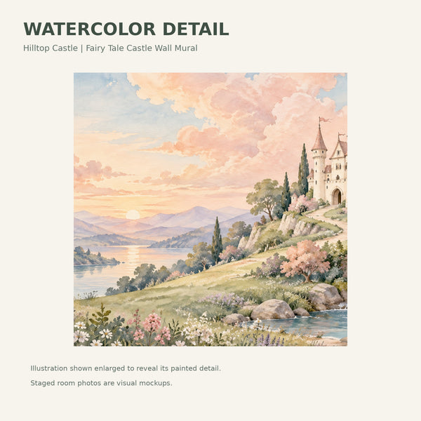 Watercolor Hilltop Castle Fairy Tale Wall Mural, image 4