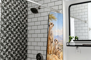 Meerkat Family Safari shower curtain in a modern farmhouse bathroom with subway tile