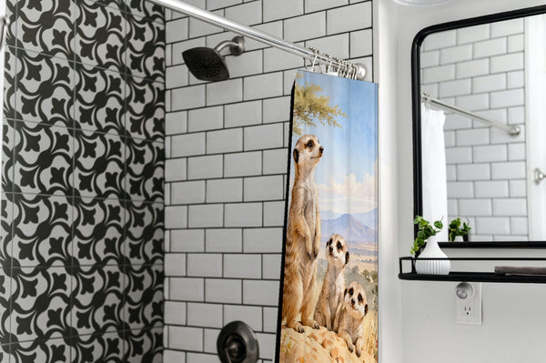 Meerkat Family Safari shower curtain in a modern farmhouse bathroom with subway tile