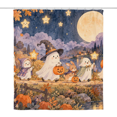Halloween Parade shower curtain, full front view of the 71 x 74 in fabric curtain