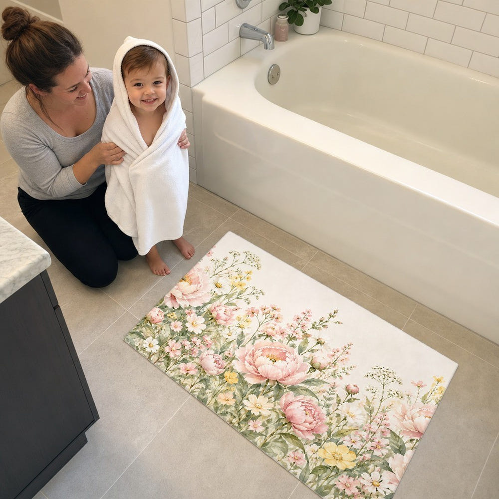 Peony Garden kids bath mat, full view of the printed design