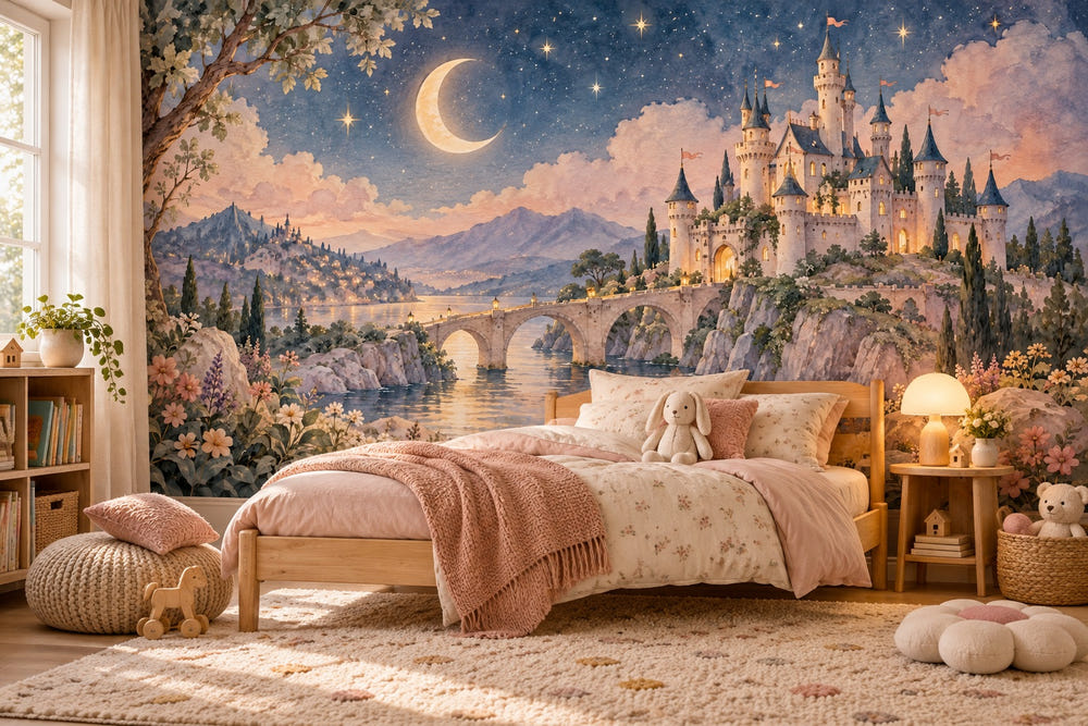 Watercolor Moonlit Castle Fairy Tale Wall Mural, image 1