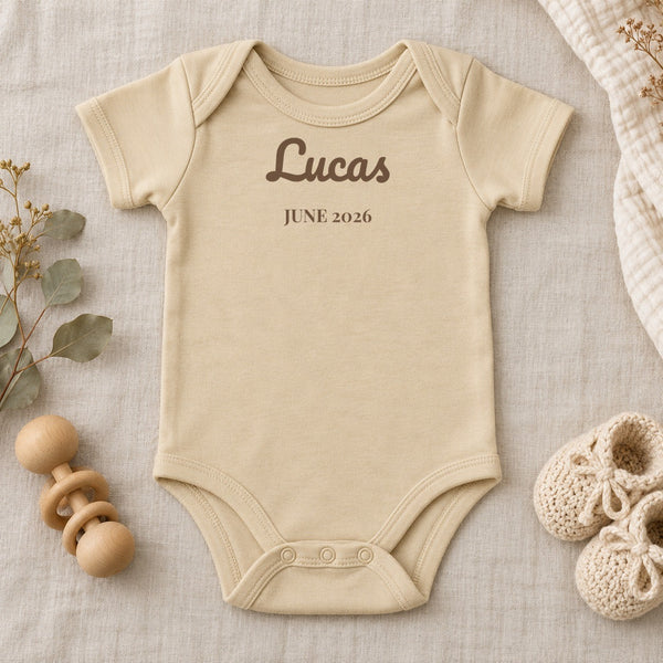 Name and Birth Month baby bodysuit in natural