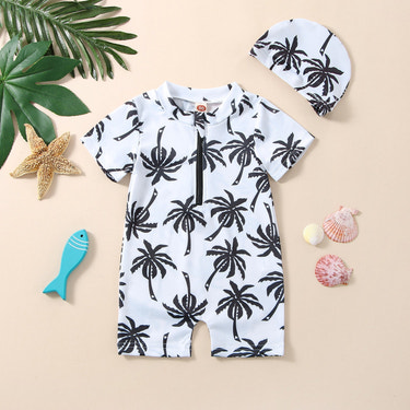 Boys' Cotton One-piece Swimsuit Cartoon Coconut Tree Printed Tape Hat