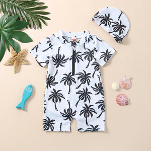 Boys' Cotton One-piece Swimsuit Cartoon Coconut Tree Printed Tape Hat