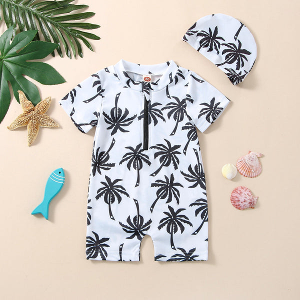 Boys' Cotton One-piece Swimsuit Cartoon Coconut Tree Printed Tape Hat