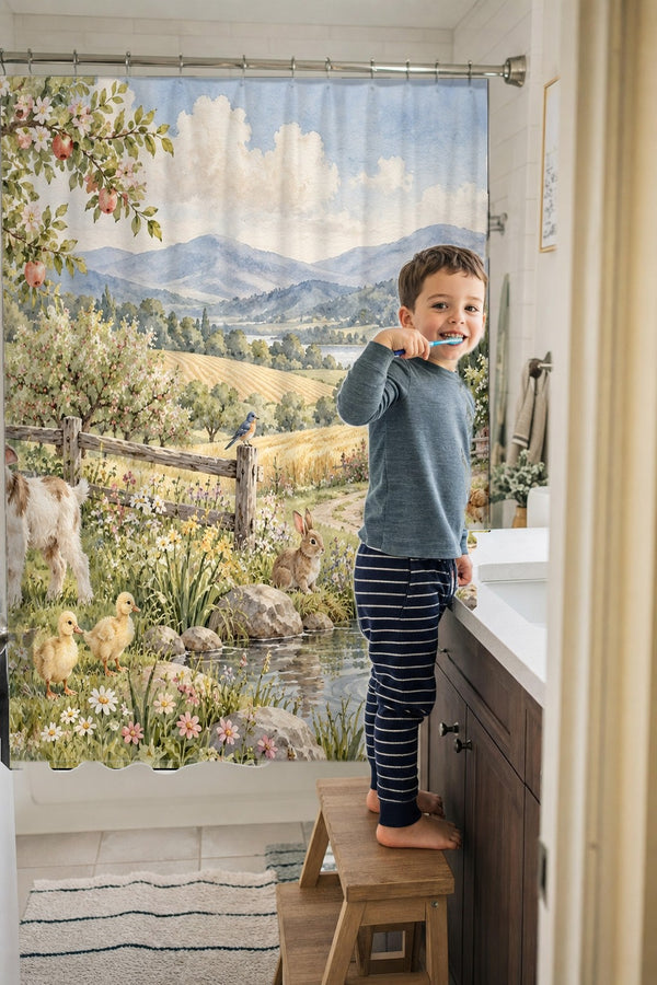 Child brushing teeth in a family bathroom with the Peaceful Farm shower curtain