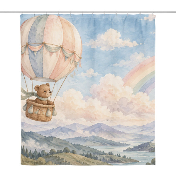 Bear Hot Air Balloon shower curtain, full front view of the 71 x 74 in fabric curtain