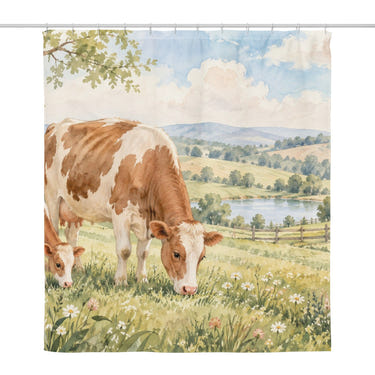 Cow and Calf Farm shower curtain, full front view of the 71 x 74 in fabric curtain