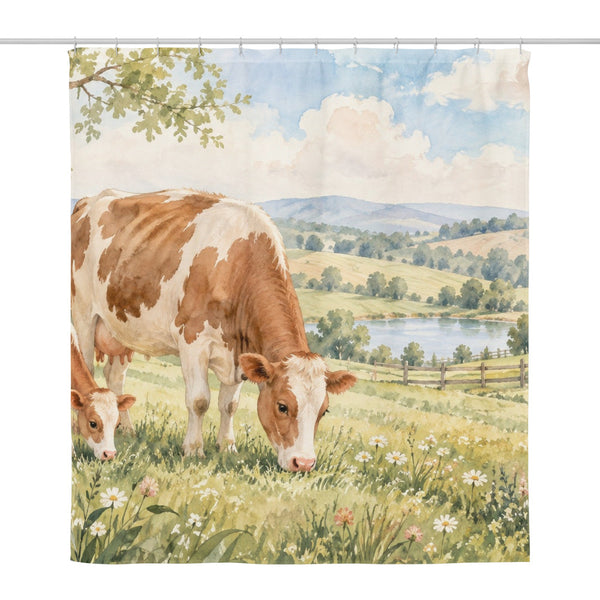 Cow and Calf Farm shower curtain, full front view of the 71 x 74 in fabric curtain