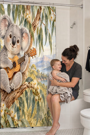 Mom holding her baby on the tub edge next to the Koala Ukulele shower curtain