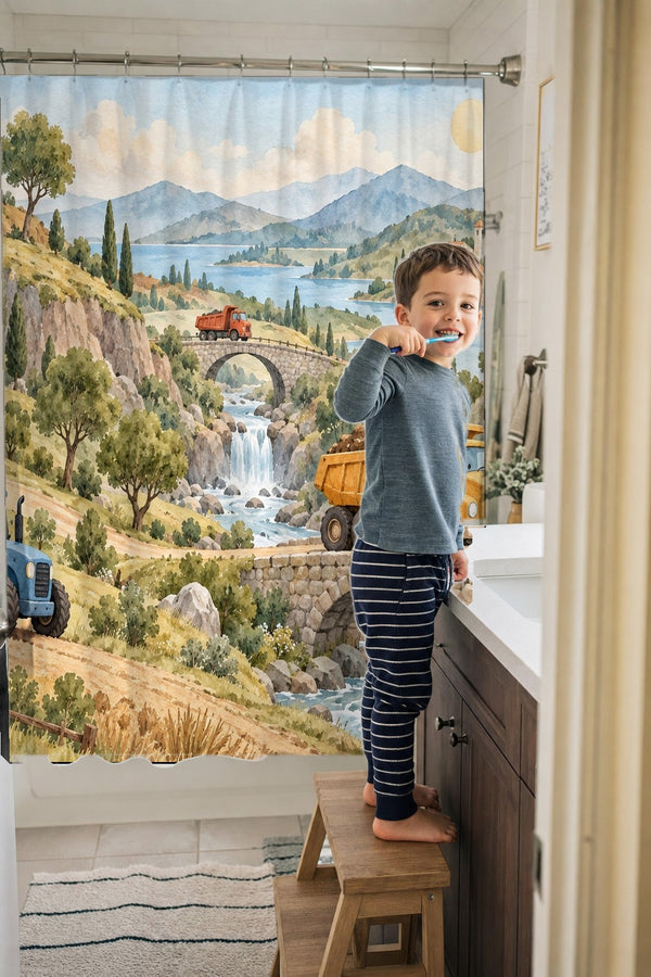 Child brushing teeth in a family bathroom with the Vehicle Landscape shower curtain