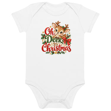 Oh Deer, It's Christmas organic cotton baby bodysuit in white, front view