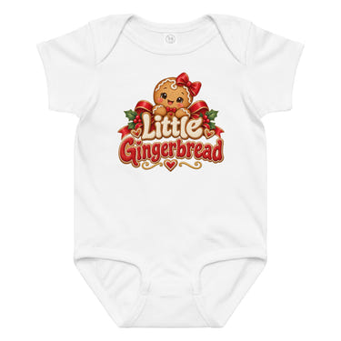 Little Gingerbread baby bodysuit in white, front view