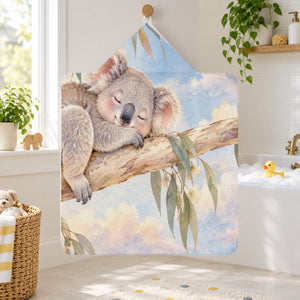 Sleepy Koala kids hooded bath towel hanging in a kids bathroom