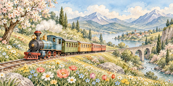 Watercolor Flower Meadow Train Wall Mural, image 3