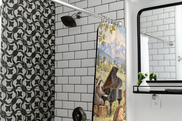 Animal Music Festival shower curtain in a modern farmhouse bathroom with subway tile