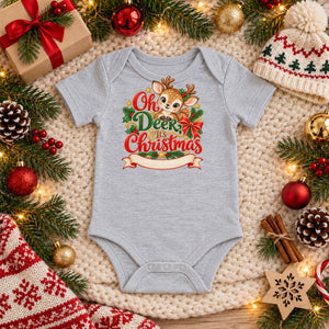 Personalize the Oh Deer, It's Christmas baby bodysuit in heather grey with your baby's name