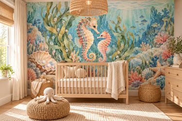 Watercolor Seahorse Pair Ocean Wall Mural, image 1