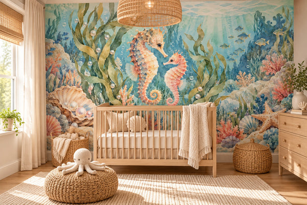 Watercolor Seahorse Pair Ocean Wall Mural, image 1