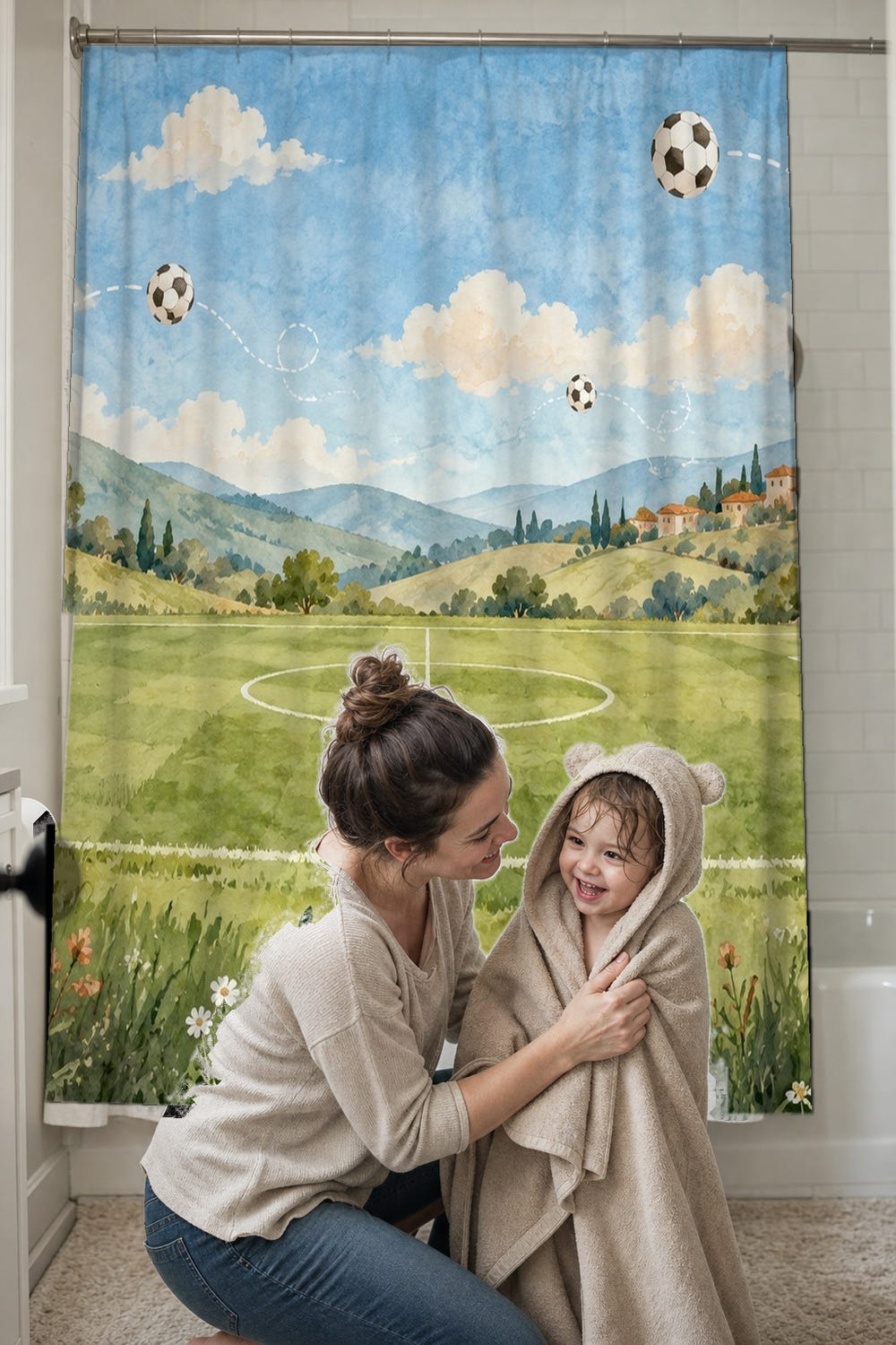 Open Soccer Field shower curtain, full front view of the 71 x 74 in fabric curtain