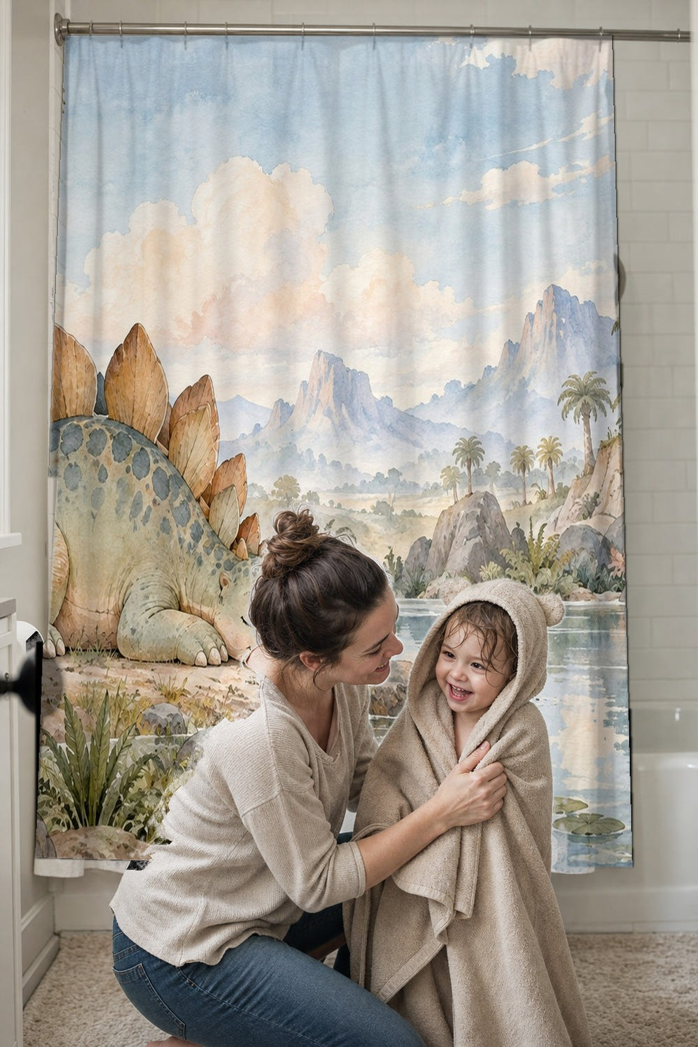 Sleepy Stegosaurus Dinosaur shower curtain, full front view of the 71 x 74 in fabric curtain