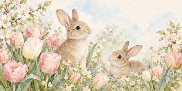 Watercolor Spring Tulips Bunny Wall Mural, image 3