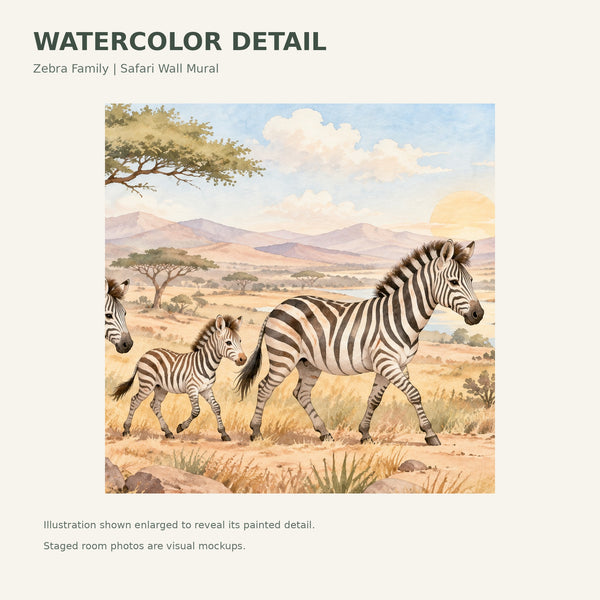 Watercolor Zebra Family Safari Wall Mural, image 4