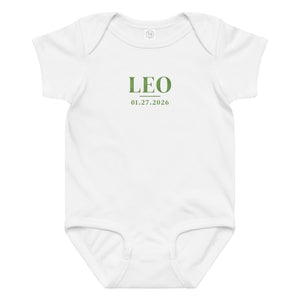 Embroidered baby name bodysuit, white bodysuit with kiwi green thread
