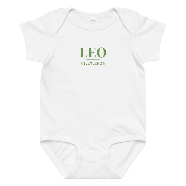 Embroidered baby name bodysuit, white bodysuit with kiwi green thread