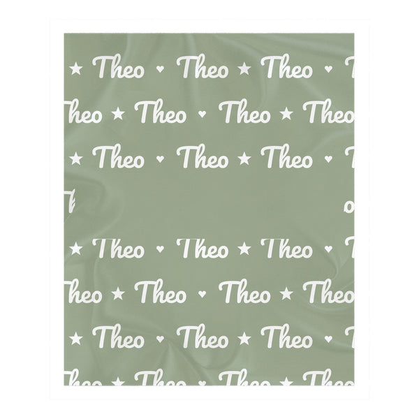 Personalize the Name Pattern toddler sherpa blanket in sage with your baby's name