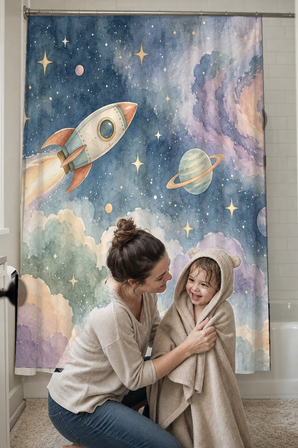 Rocket Journey shower curtain, full front view of the 71 x 74 in fabric curtain
