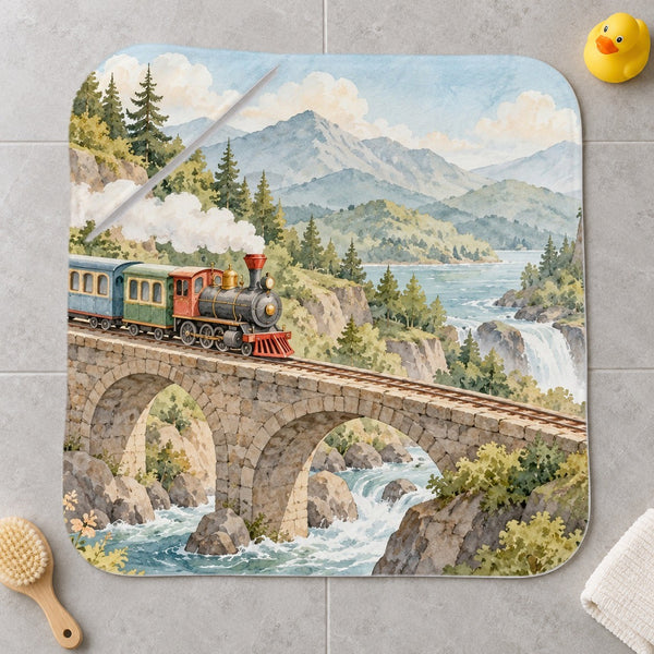 Tunnel Waterfall Train kids hooded bath towel laid flat