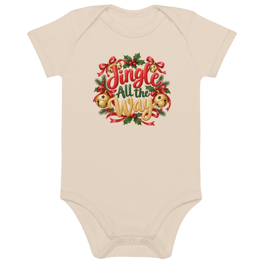 Jingle All the Way organic cotton baby bodysuit in white, front view