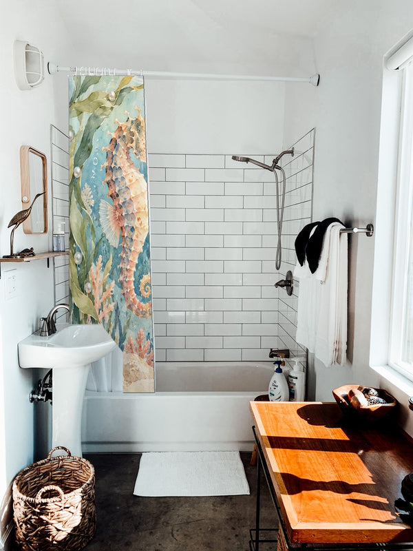 Seahorse Pair Ocean shower curtain hanging on the rod over a white bathtub