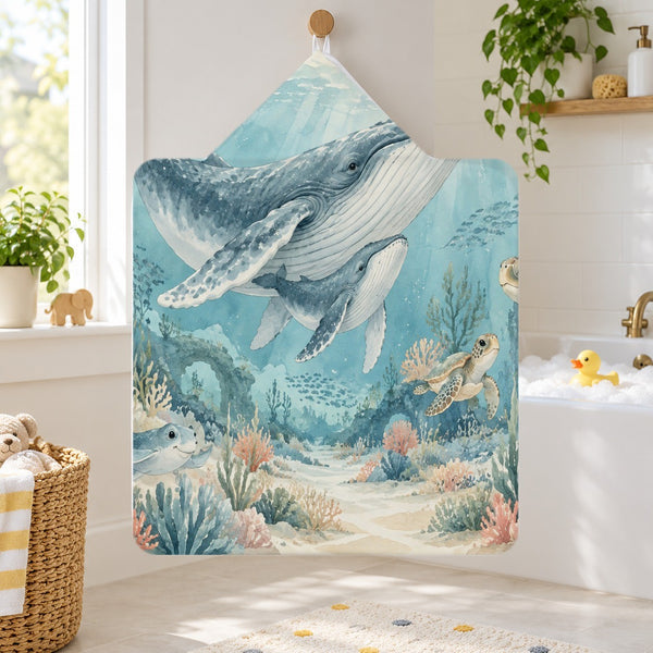 Ocean Kingdom kids hooded bath towel hanging in a kids bathroom