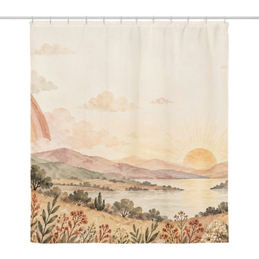 Twin Rainbow Valley shower curtain, full front view of the 71 x 74 in fabric curtain