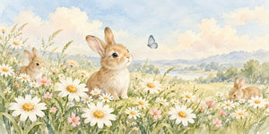 Watercolor Daisy Meadow Bunny Wall Mural, image 3