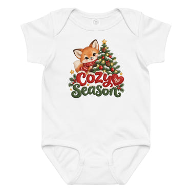 Cozy Season baby bodysuit in white, front view
