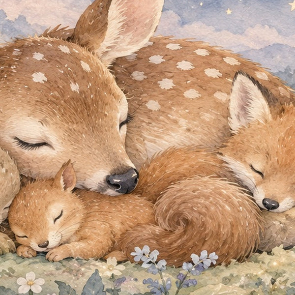 Woodland Friends shower curtain, close up of the watercolor artwork