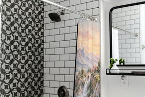 Dreamy Kingdom Fairy Tale shower curtain in a modern farmhouse bathroom with subway tile