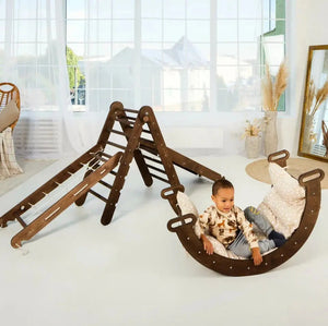 5in1 Montessori climbing set with triangle ladder, arch, slide board, netting rope, and cushion for active play.