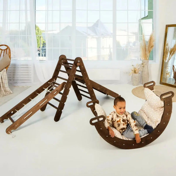 5in1 Montessori climbing set with triangle ladder, arch, slide board, netting rope, and cushion for active play.