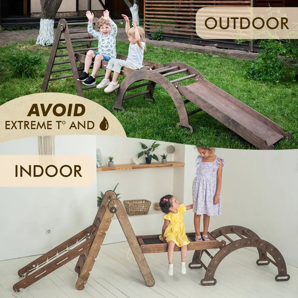 5in1 Montessori Climbing Set: Triangle Ladder, Climbing Arch, Slide, Net & Cushion – Chocolate