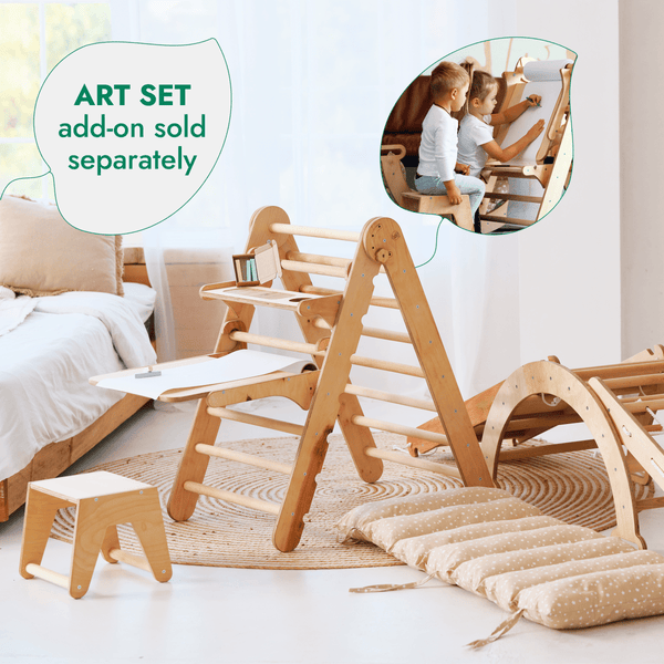 5in1 Montessori climbing set with triangle ladder, arch, slide, netting rope, and cushion for active play.
