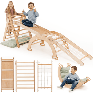 5in1 Montessori climbing set featuring triangle ladder, arch rocker, slide board, netting rope, and cushion at angle 11.