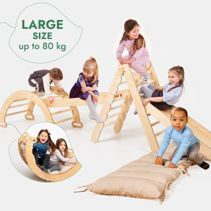 5in1 Montessori climbing set featuring triangle ladder, arch rocker, slide board, netting rope, and cushion at angle 5.